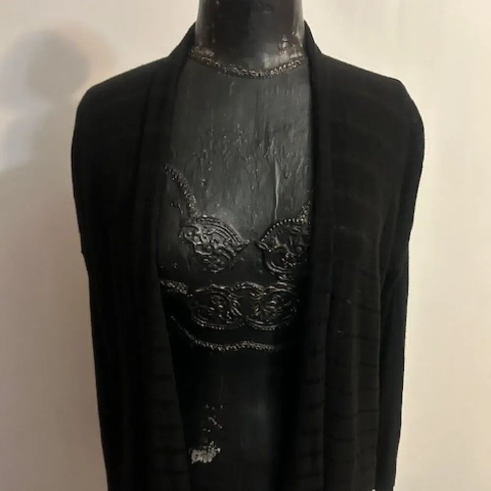 Eileen Fisher Black Linear Viscose Melange open cardigan, size P/M